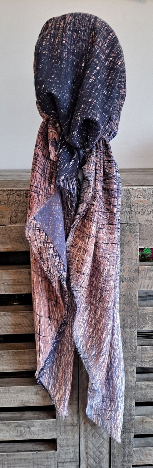 Navy/mauve shaded feathered - soft fringes pretied tichel 