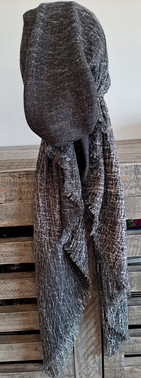 Black/gray shaded feathered - soft fringes pretied tichel w/band sewn in (BBS)