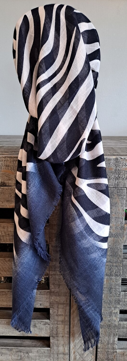 Navy stripy  - soft fringes pretied tichel w/band sewn in (BBS)