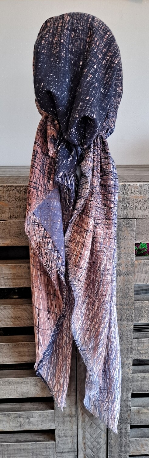 Navy/mauve shaded feathered - soft fringes pretied tichel w/band sewn in (BBS)