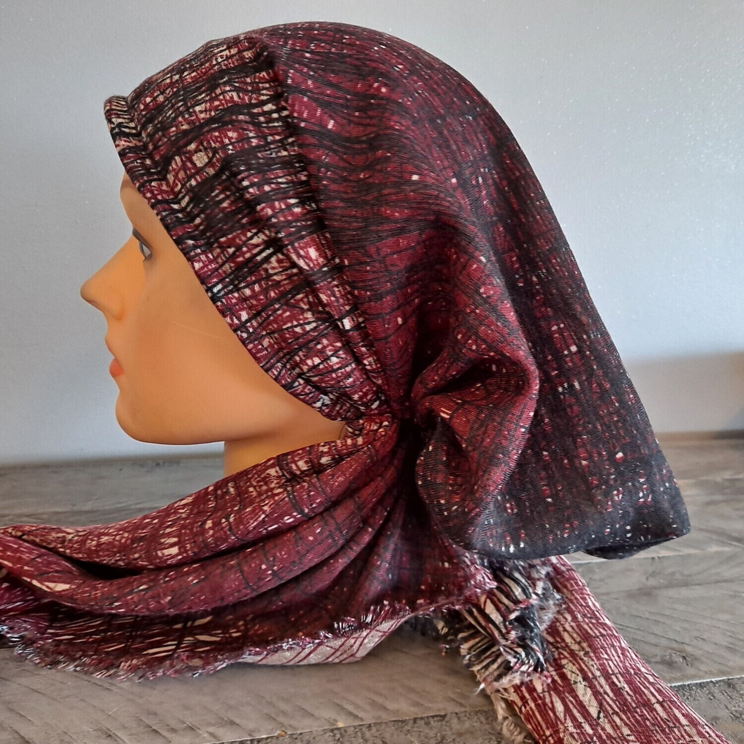 Black/cherry shaded feathered - soft fringes pretied tichel w/band sewn in (BBS)