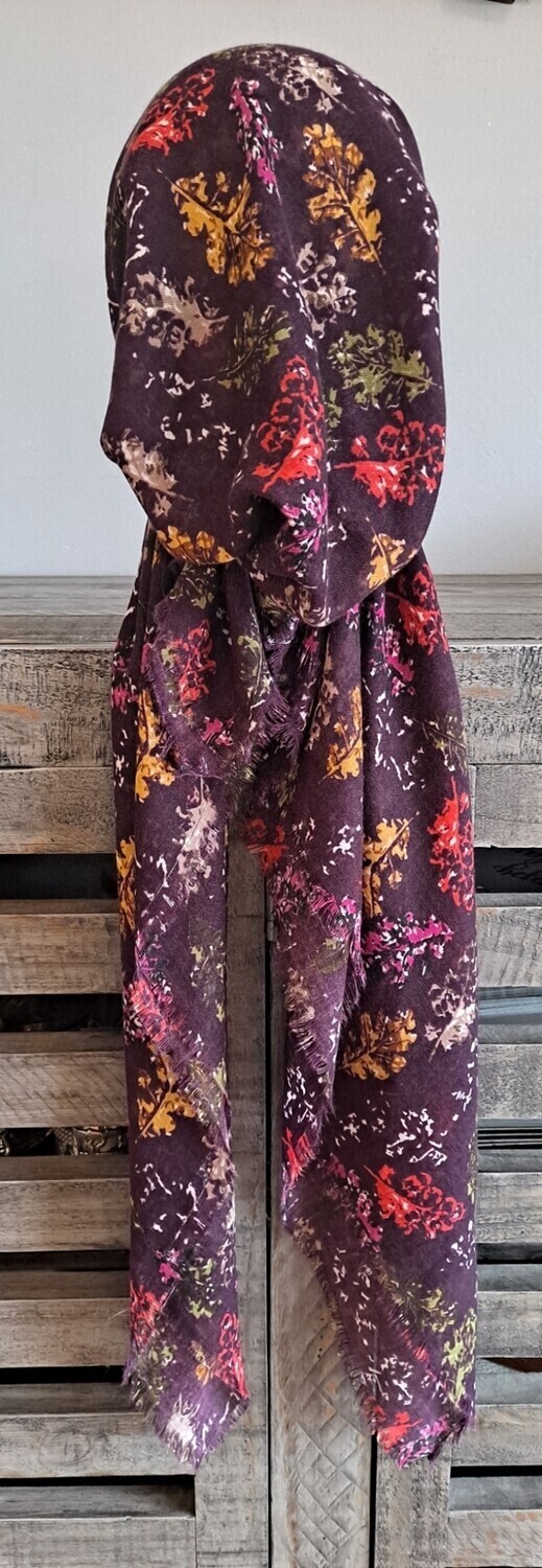 Eggplant pretty leaves  - soft fringes pretied tichel w/band sewn in (BBS)