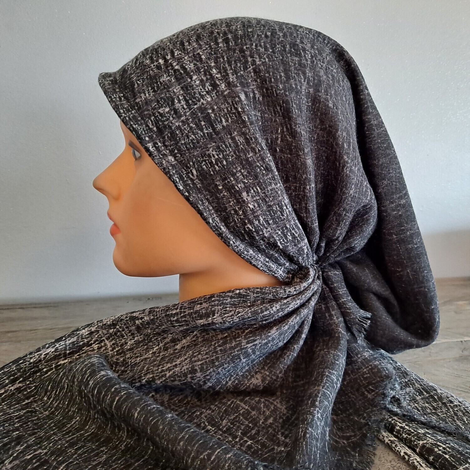 Black/gray shaded feathered - soft fringes pretied tichel w/band sewn in (BBS)