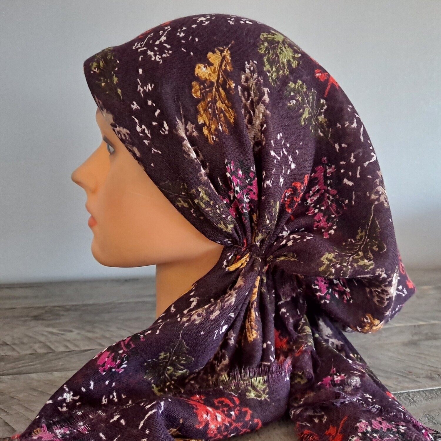Eggplant pretty leaves  - soft fringes pretied tichel w/band sewn in (BBS)