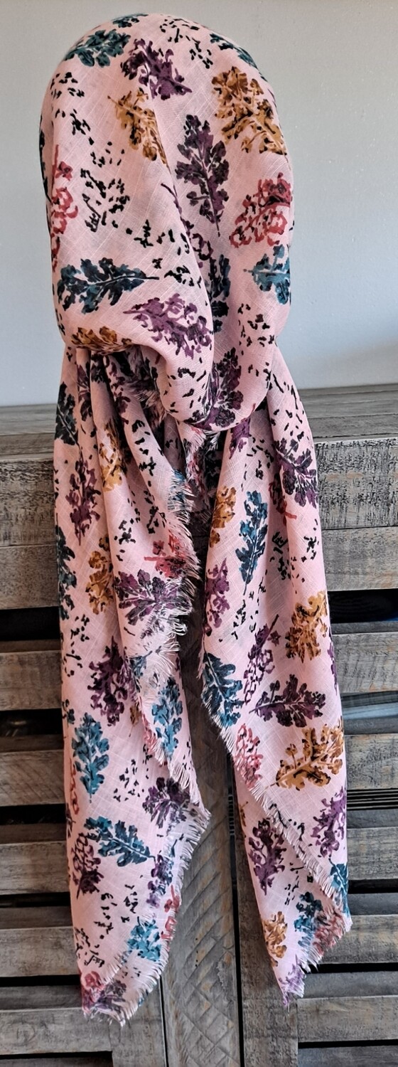 Pink pretty leaves  - soft fringes pretied tichel w/band sewn in (BBS)