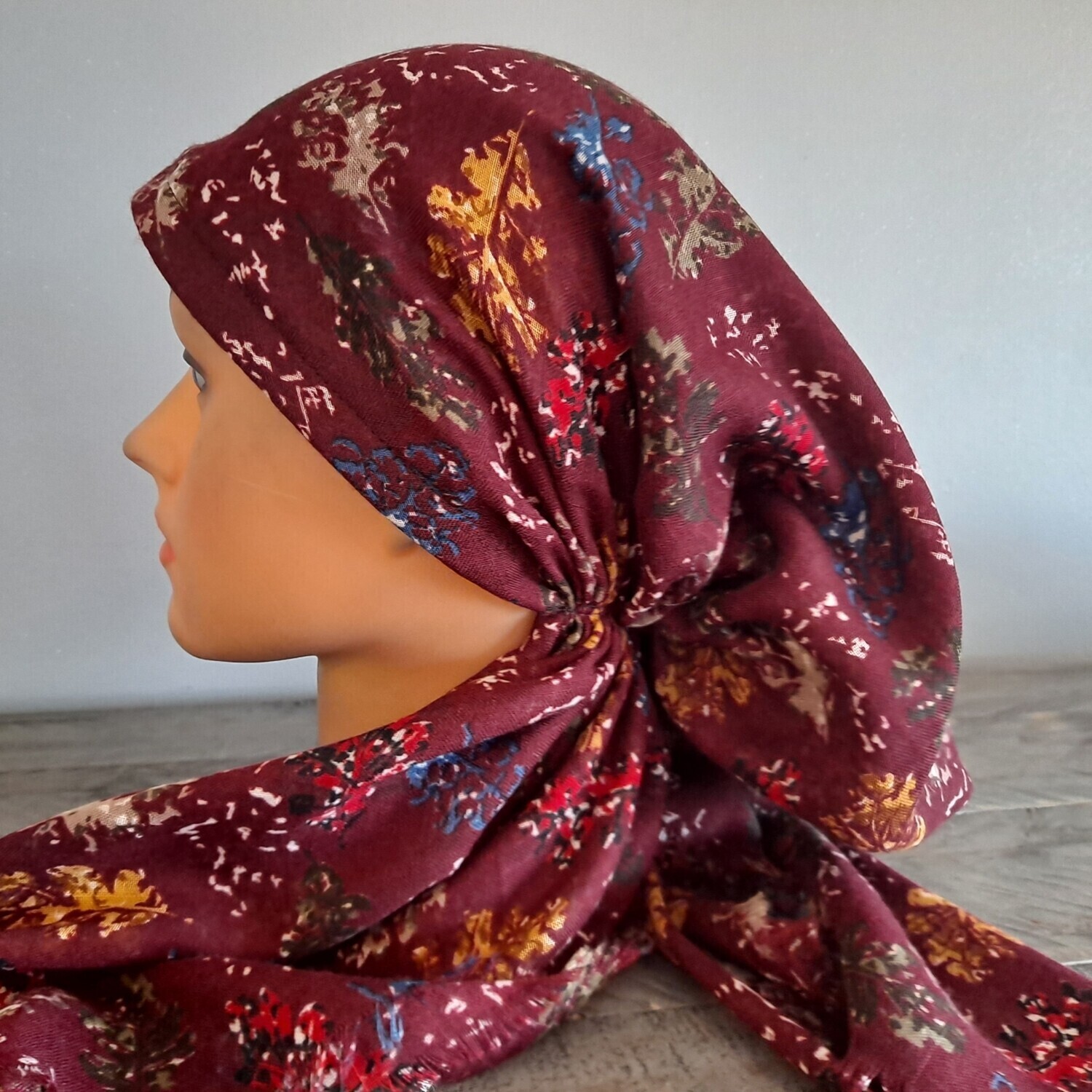 Maroon pretty leaves  - soft fringes pretied tichel w/band sewn in (BBS)