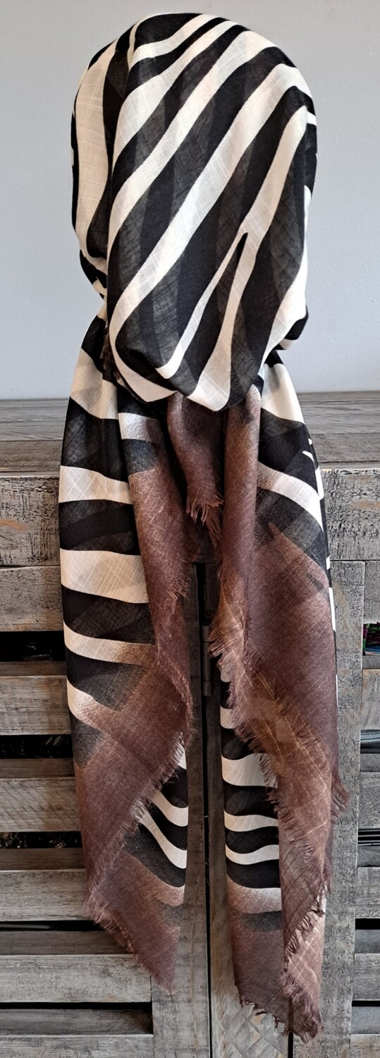 Brown stripy  - soft fringes pretied tichel w/band sewn in (BBS)