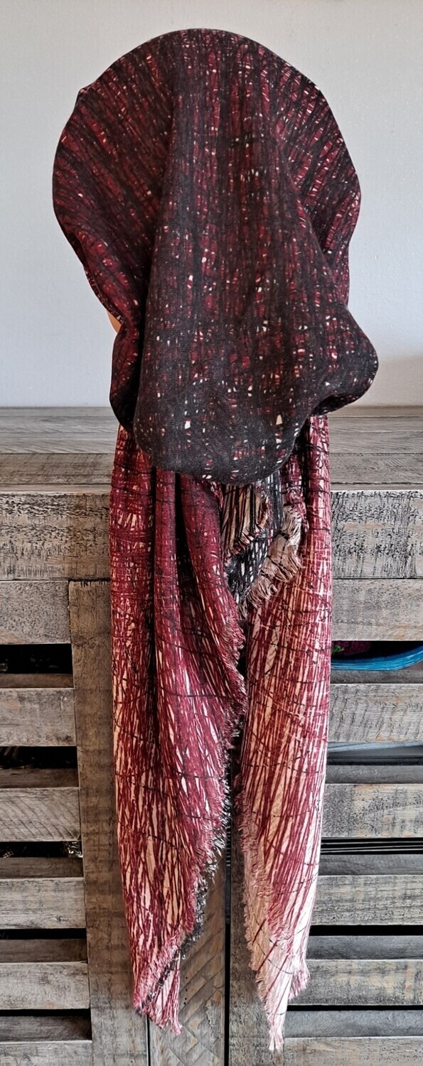 Black/cherry shaded feathered - soft fringes pretied tichel w/band sewn in (BBS)