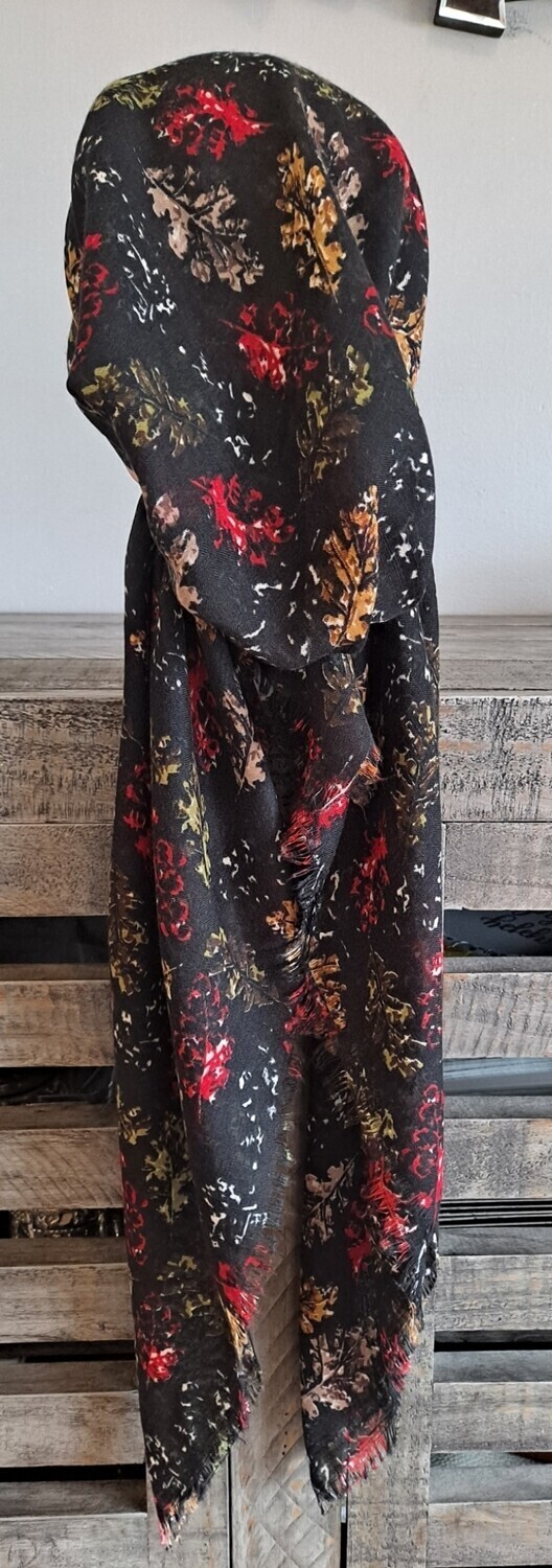 Black/red pretty leaves  - soft fringes pretied tichel w/band sewn in (BBS)