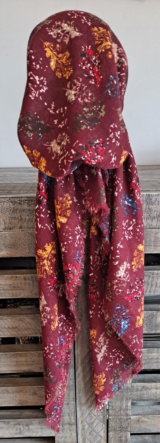 Maroon pretty leaves  - soft fringes pretied tichel w/band sewn in (BBS)