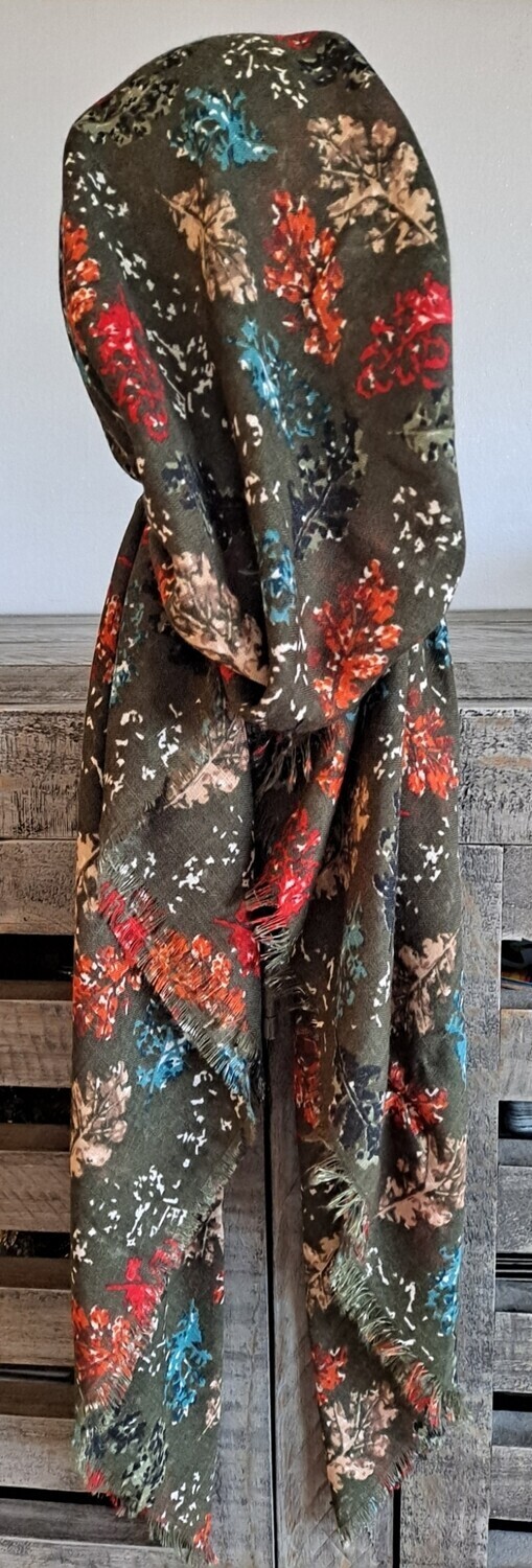 Army green pretty leaves  - soft fringes pretied tichel w/band sewn in (BBS)