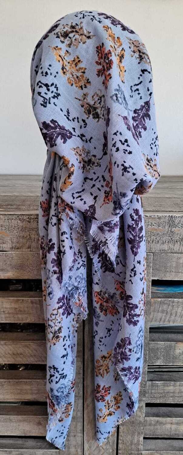 Light blue pretty leaves  - soft fringes pretied tichel w/band sewn in (BBS)