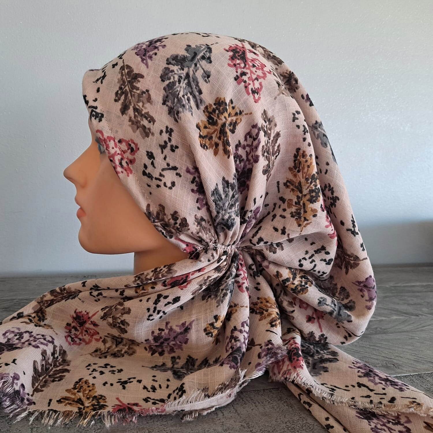 Tan pretty leaves  - soft fringes pretied tichel w/band sewn in (BBS)