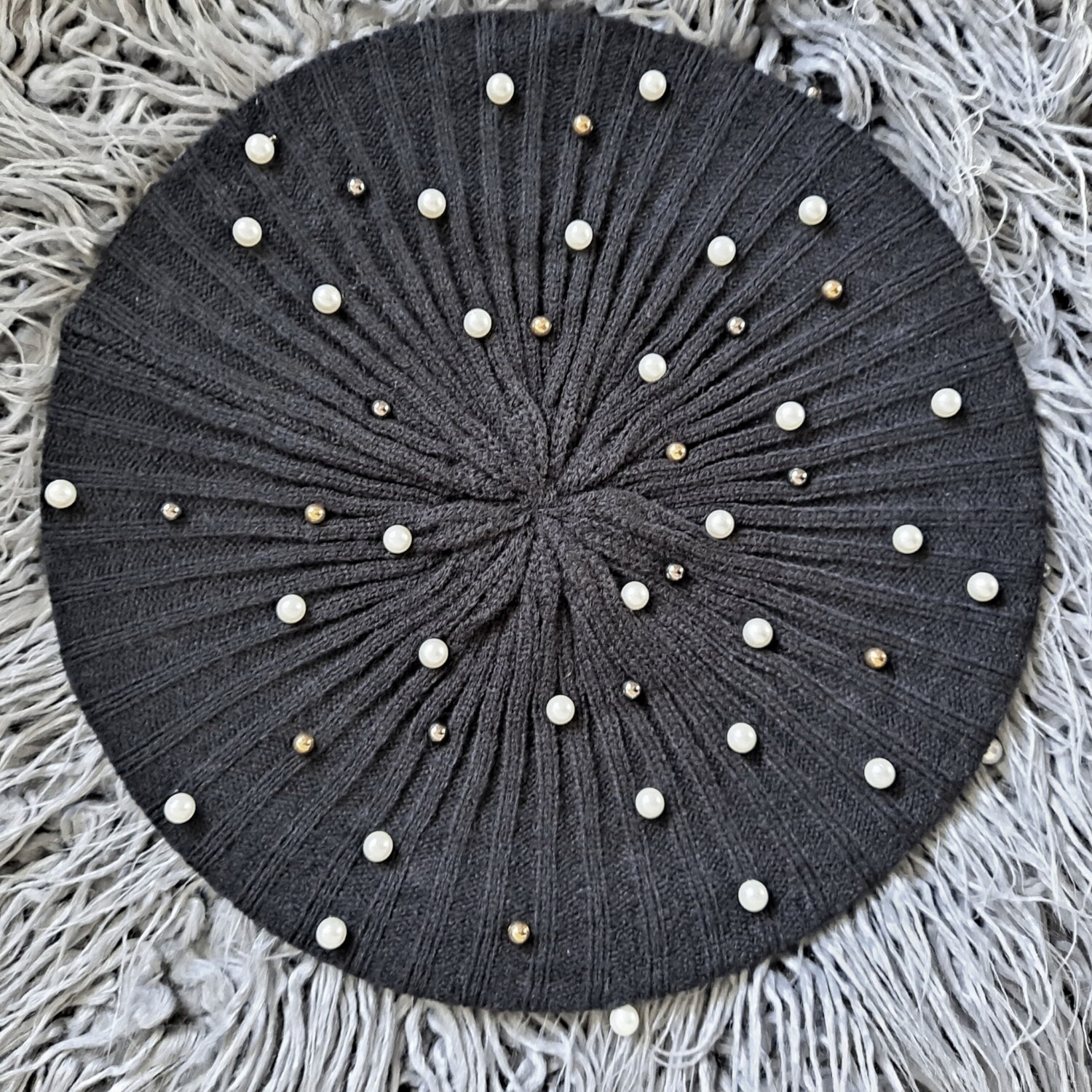 Black - white pearled lined snood/beret