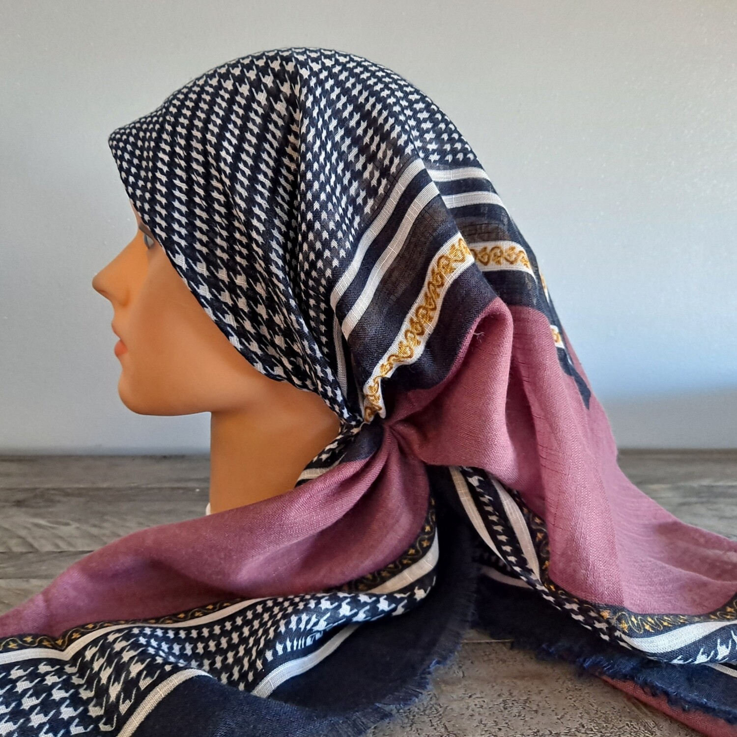 Navy soft fringed - long back pre-tied kerchief w/band sewn in