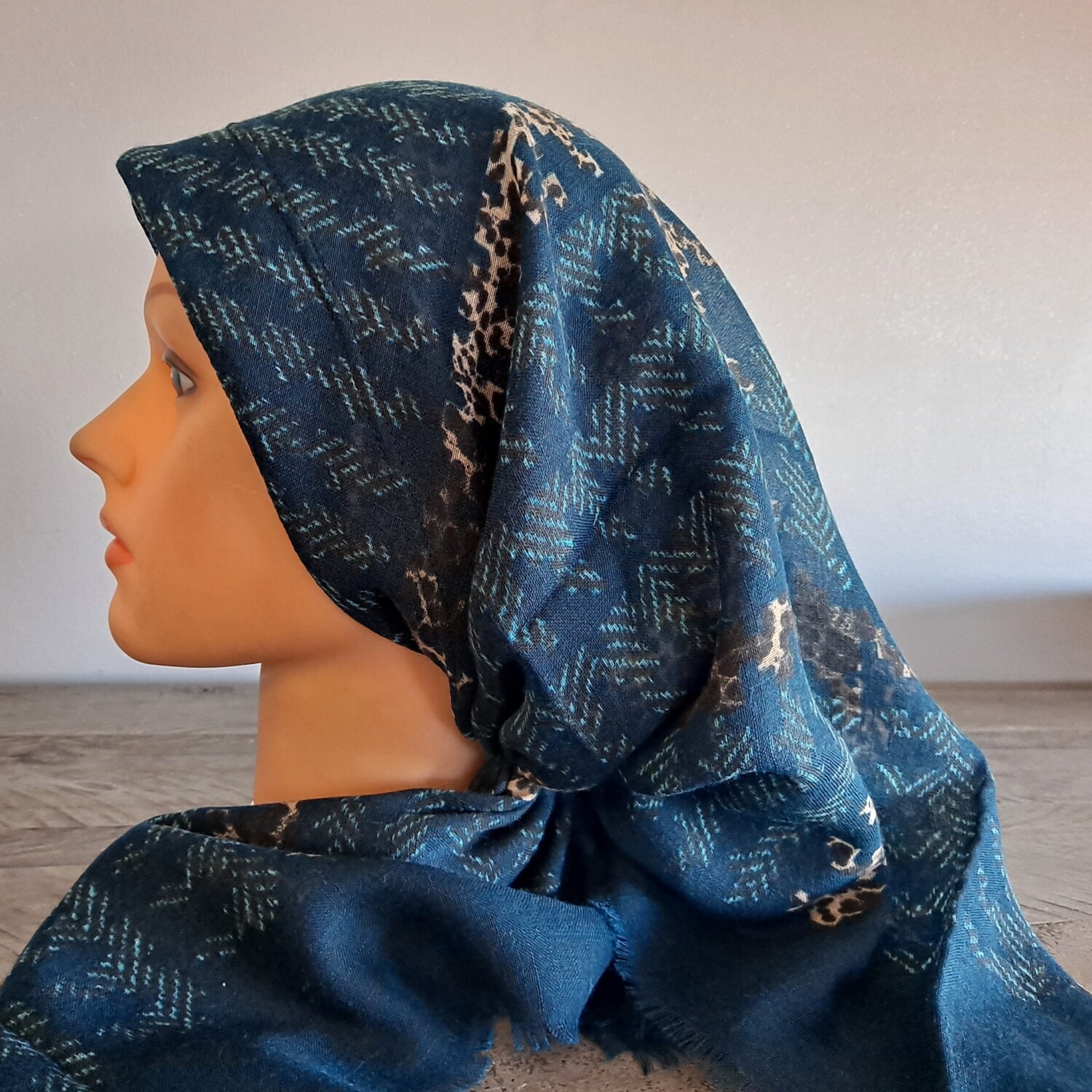 Teal soft fringed - long back pre-tied kerchief w/band sewn in