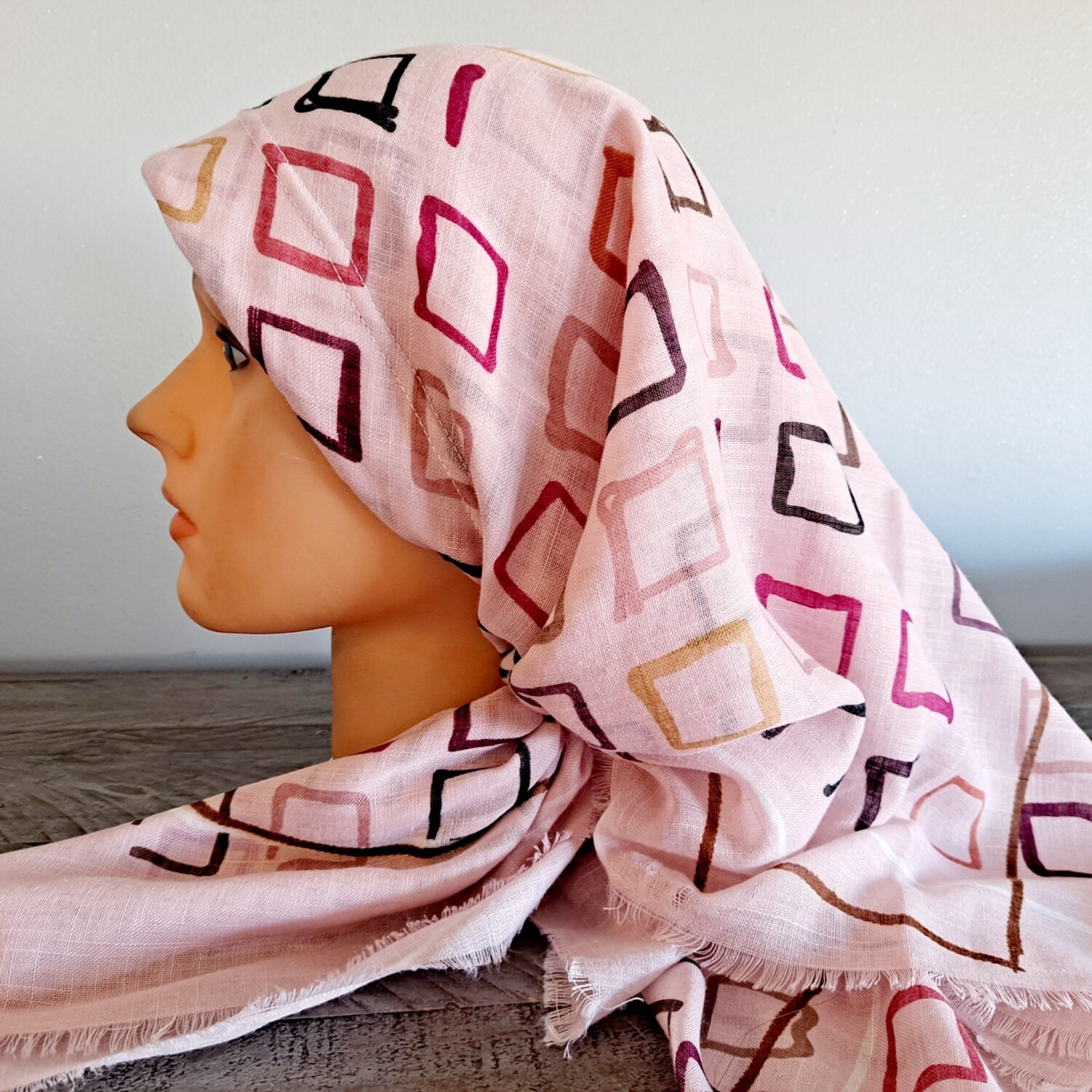 Light pink soft fringed - long back pre-tied kerchief w/band sewn in