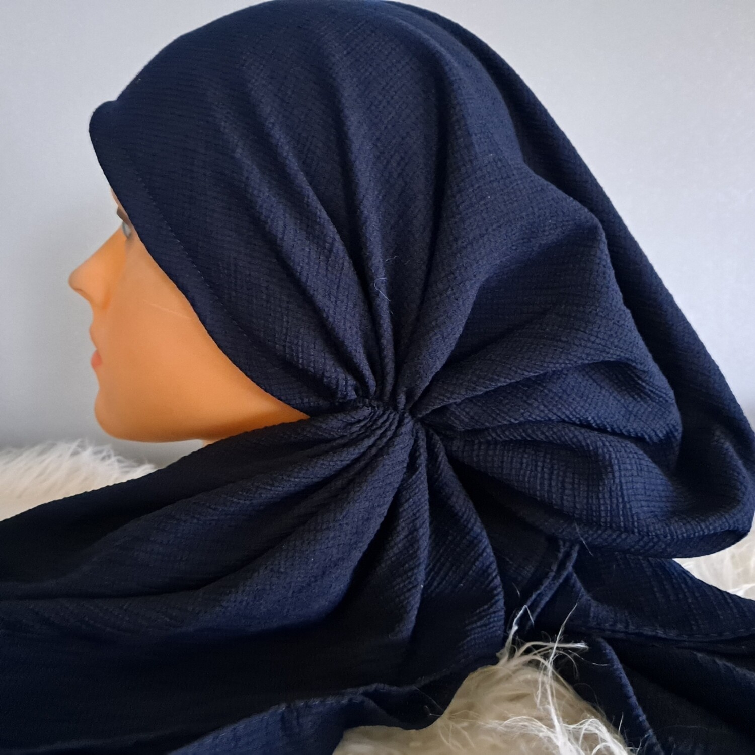 Navy solid gauzy pre-tied tichel