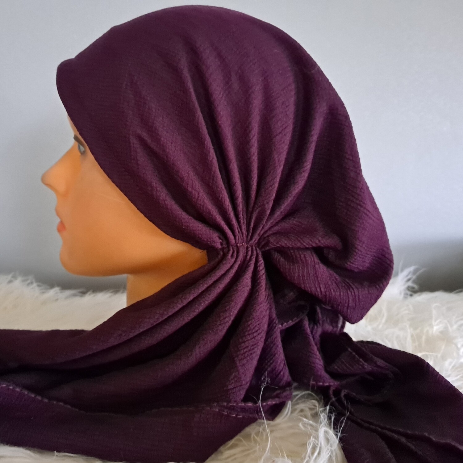 Wine solid gauzy pre-tied tichel