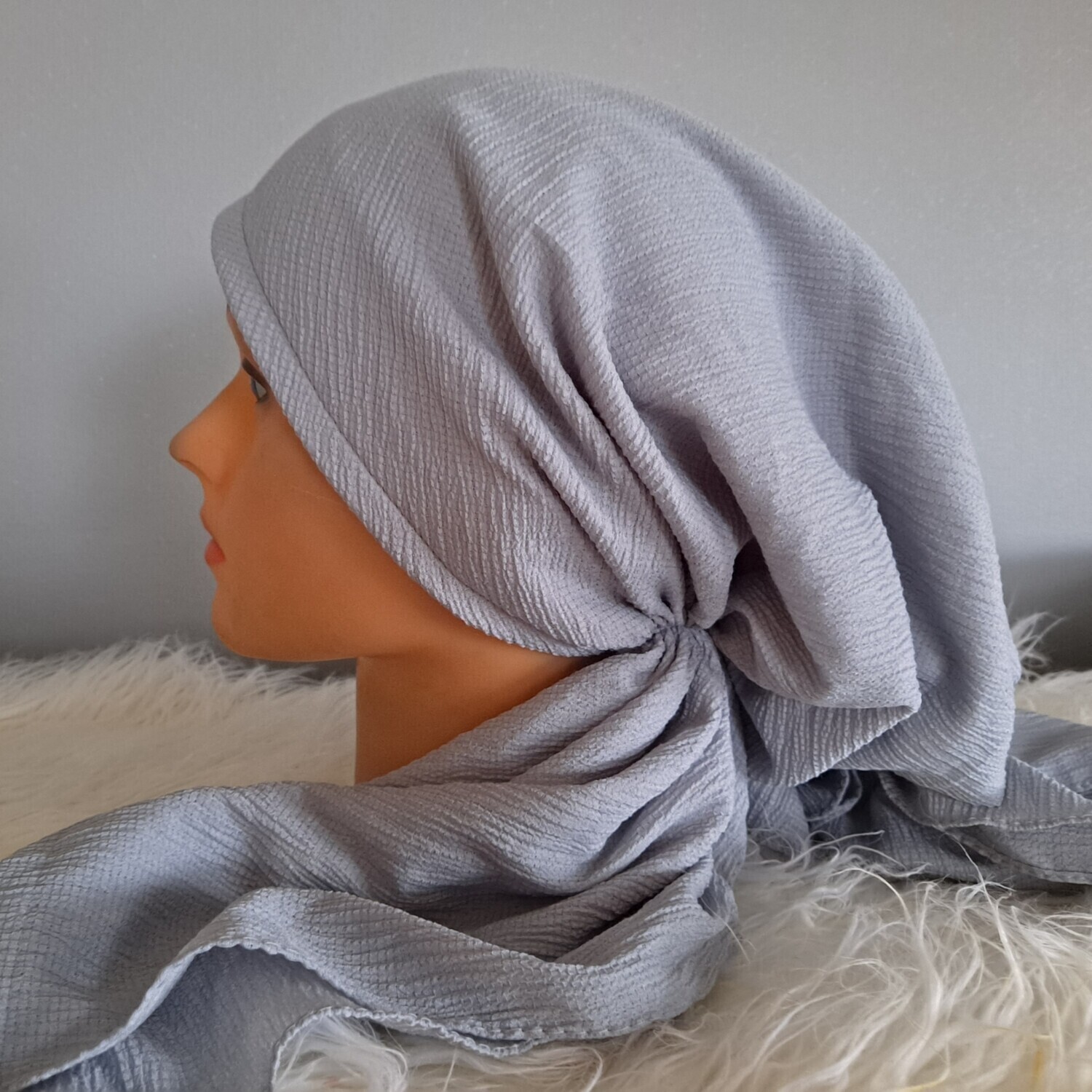 Light gray solid gauzy pre-tied tichel 