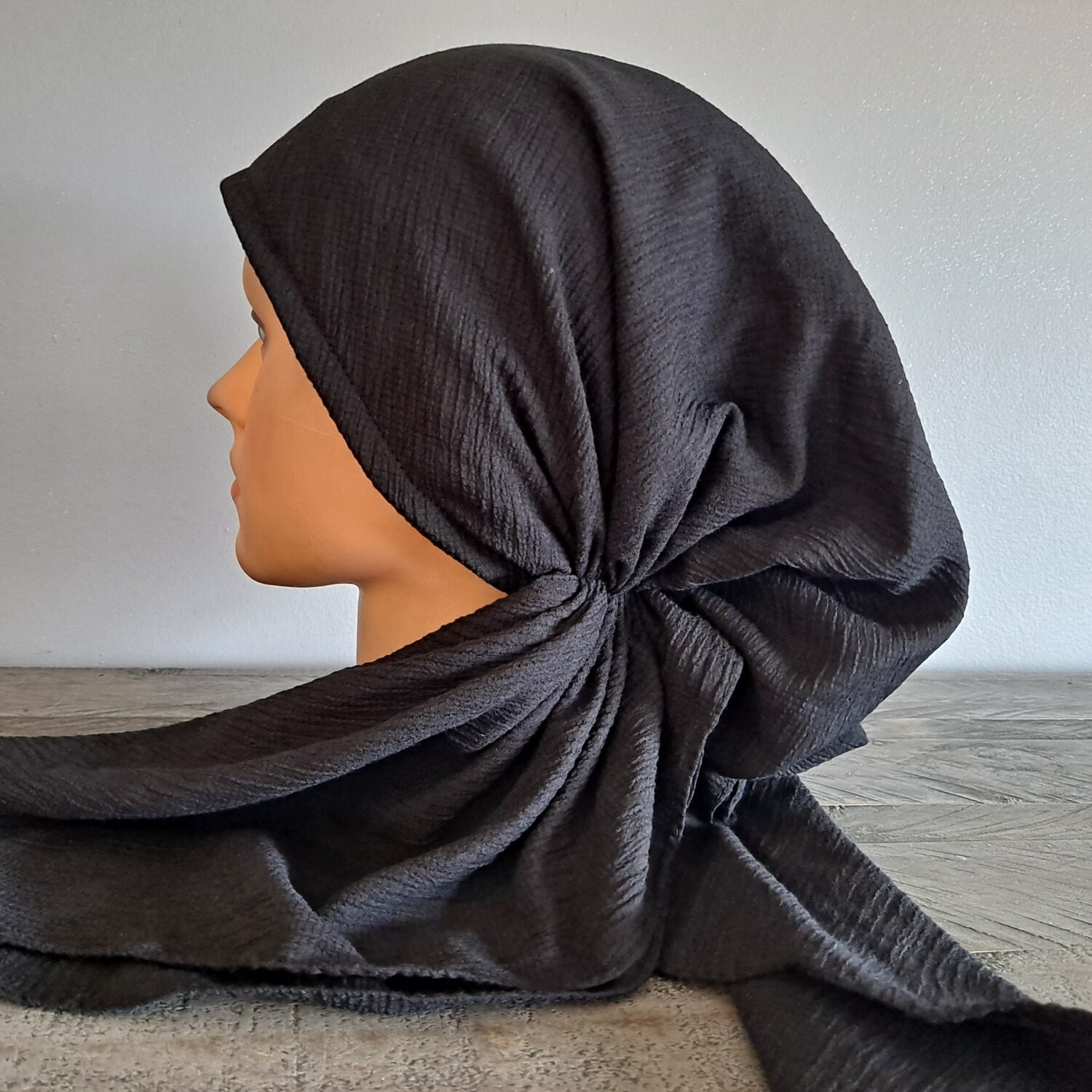 Black solid gauzy pre-tied tichel