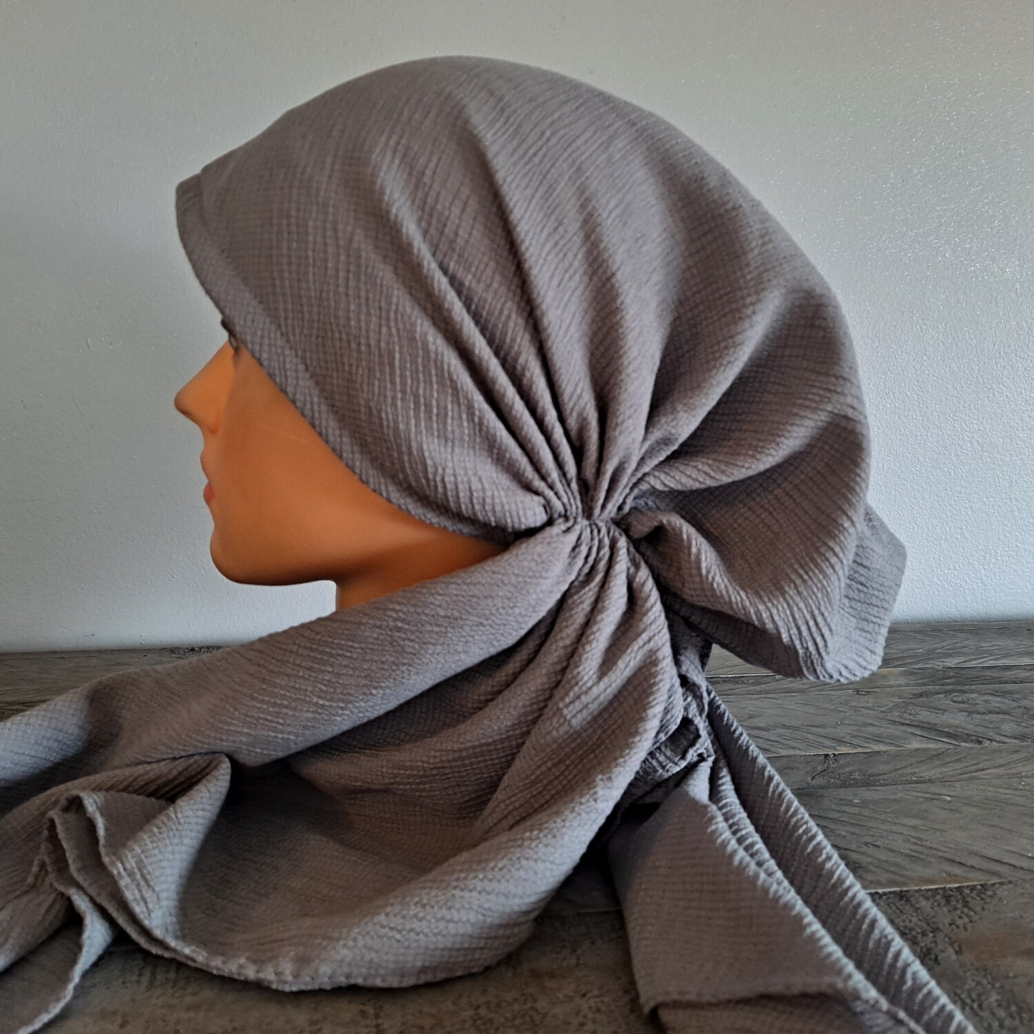 Medium gray solid gauzy pre-tied tichel