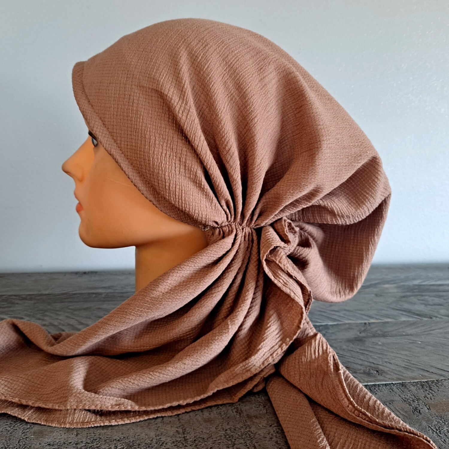 Medium brown gauzy pre-tied tichel