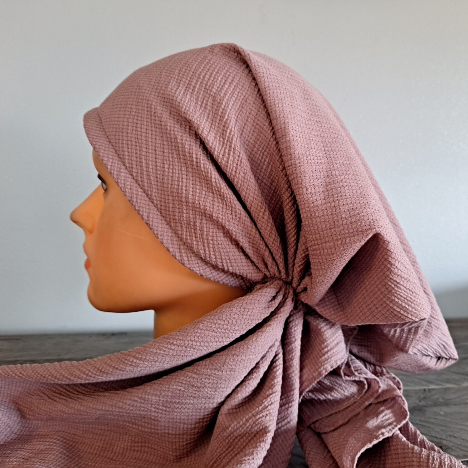 Mauve solid gauzy pre-tied tichel