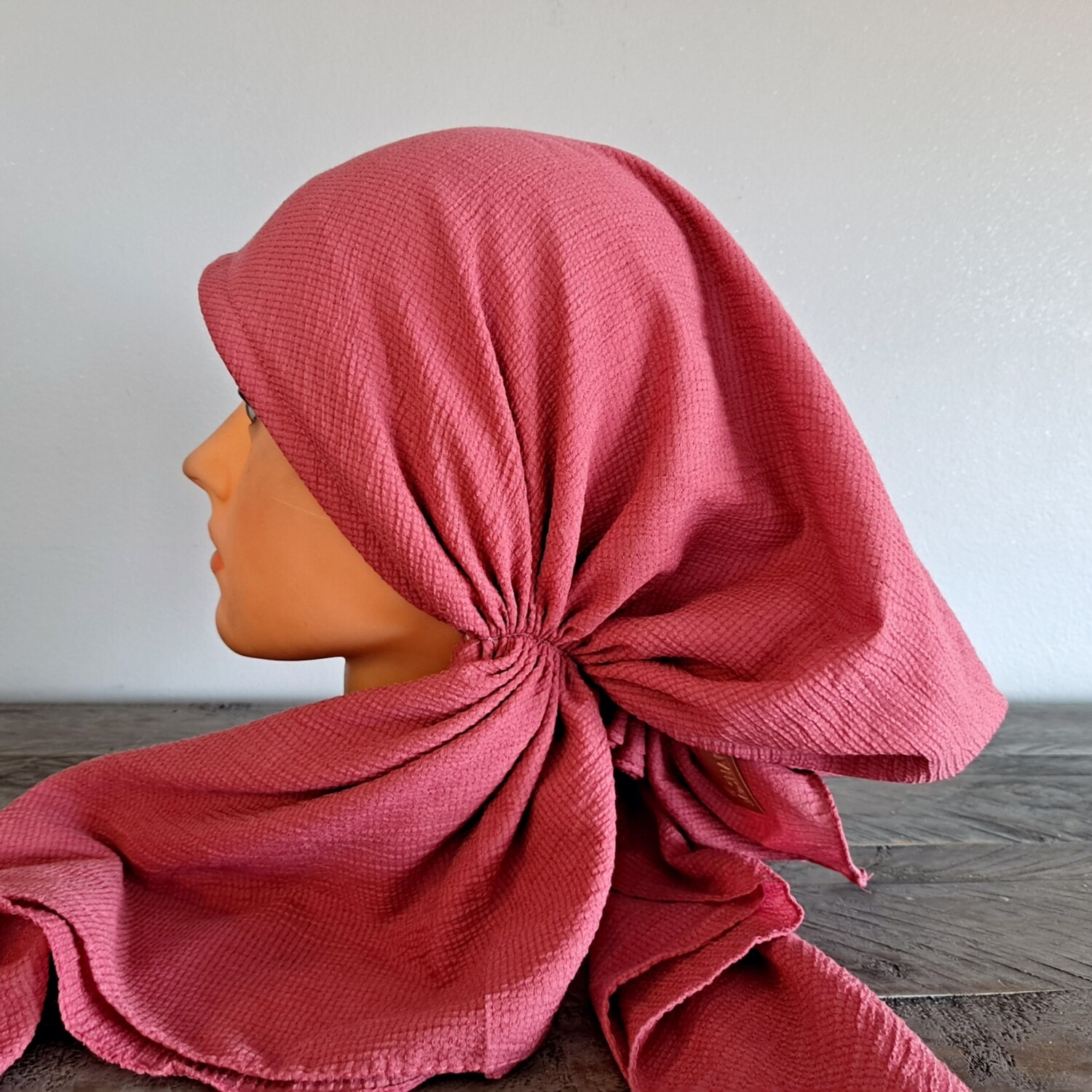 Coral solid gauzy pre-tied tichel