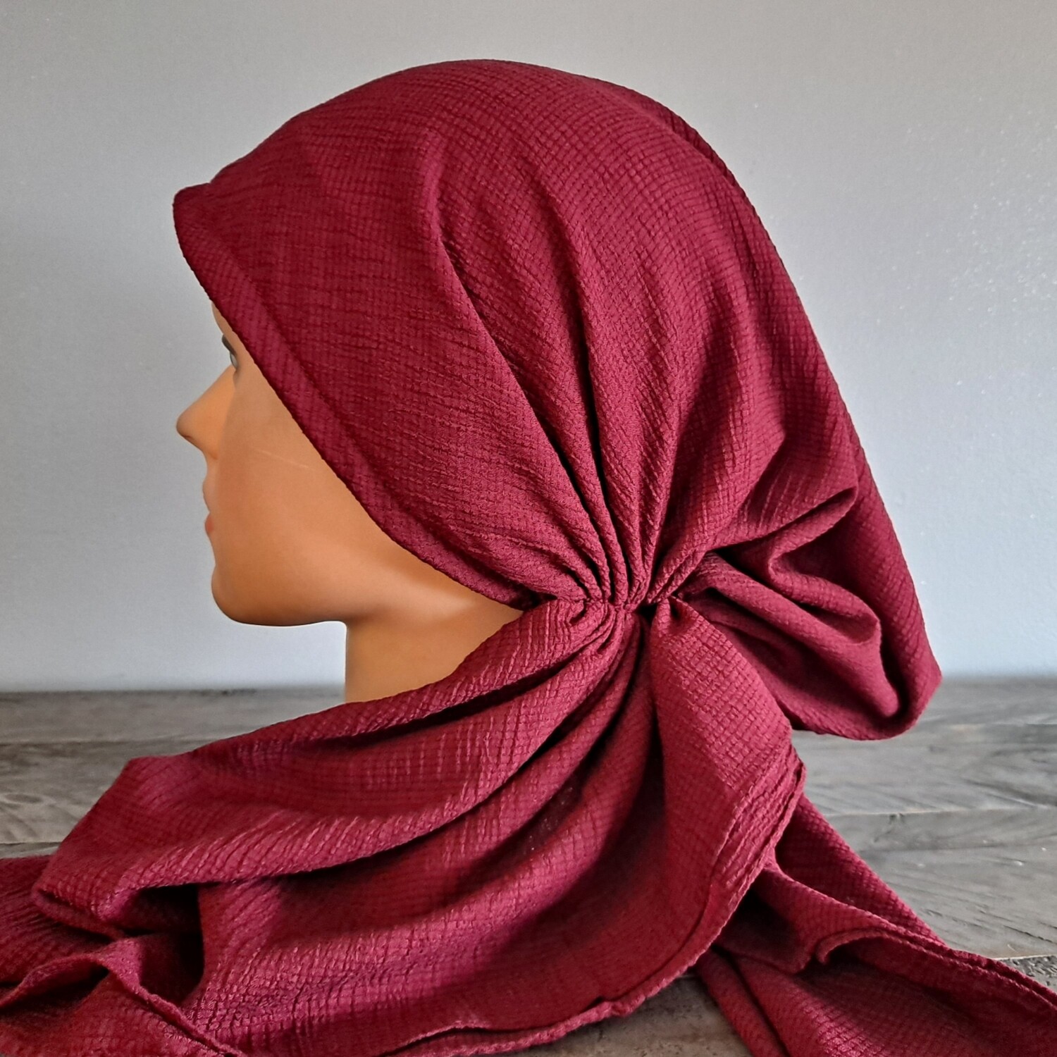 Maroon solid gauzy pre-tied tichel