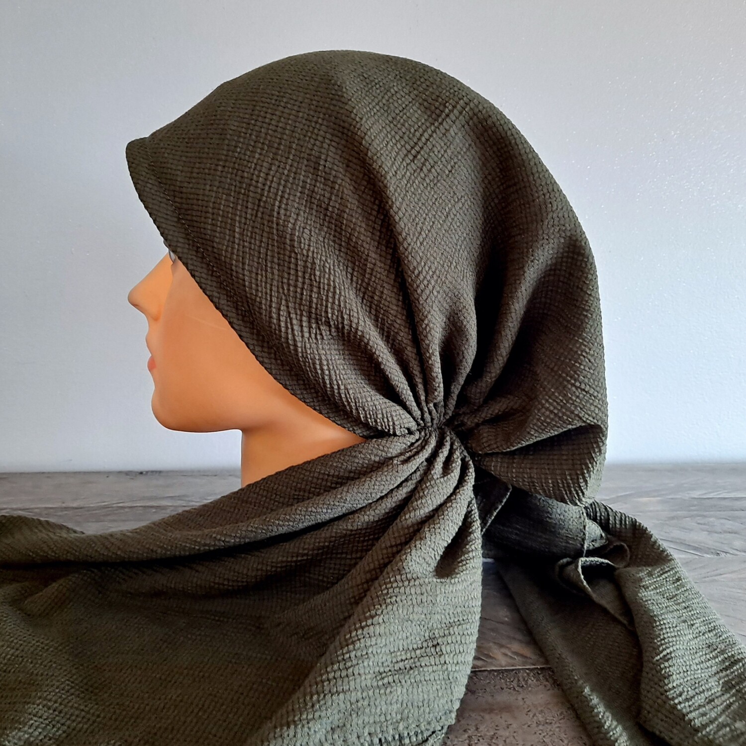 Army green solid gauzy pre-tied tichel