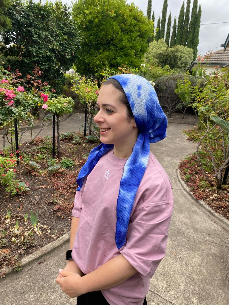 Multi colored pastel with blue -  waffled pretied tichel w/band sewn in