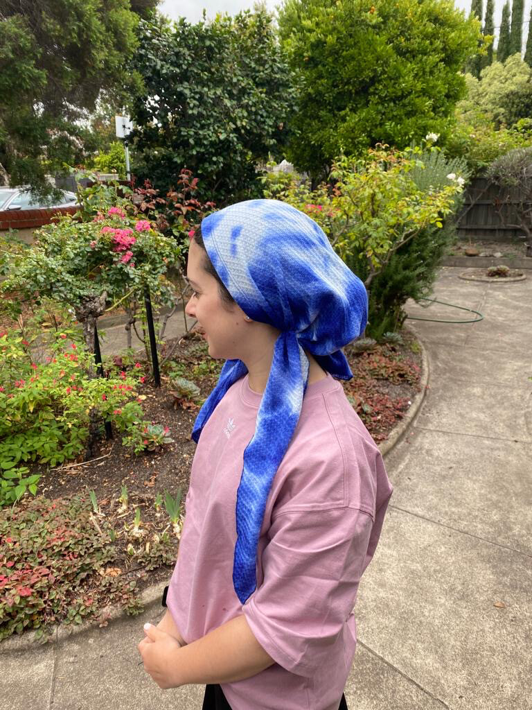 Royal blue waffled pretied tichel