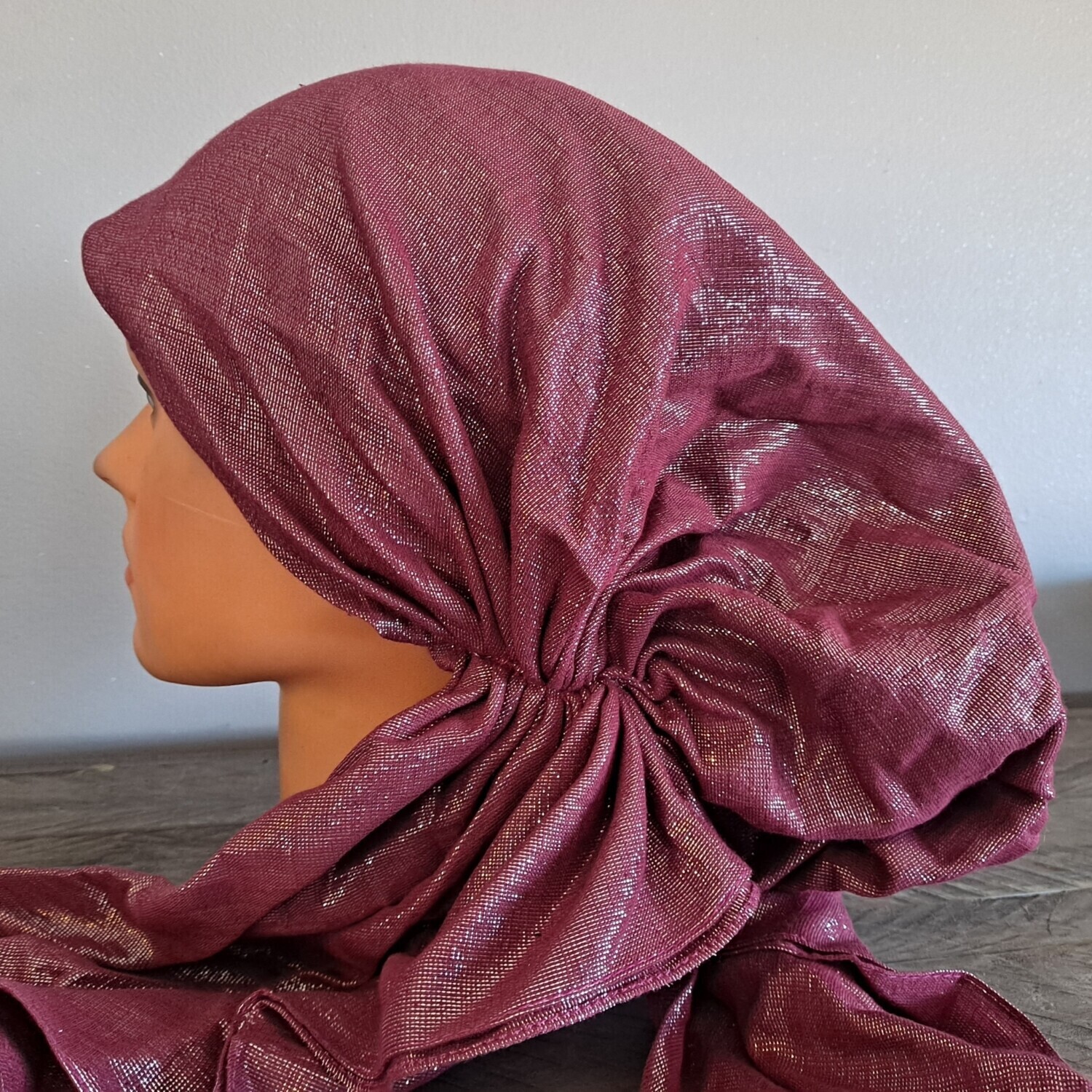Burgundy/dark raspberry solid shimmer pretied tichel w/band sewn in 