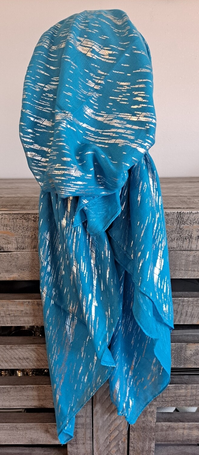 Turquoise/silver -streaks pattern pre-tied tichel w/band sewn in (BBS)