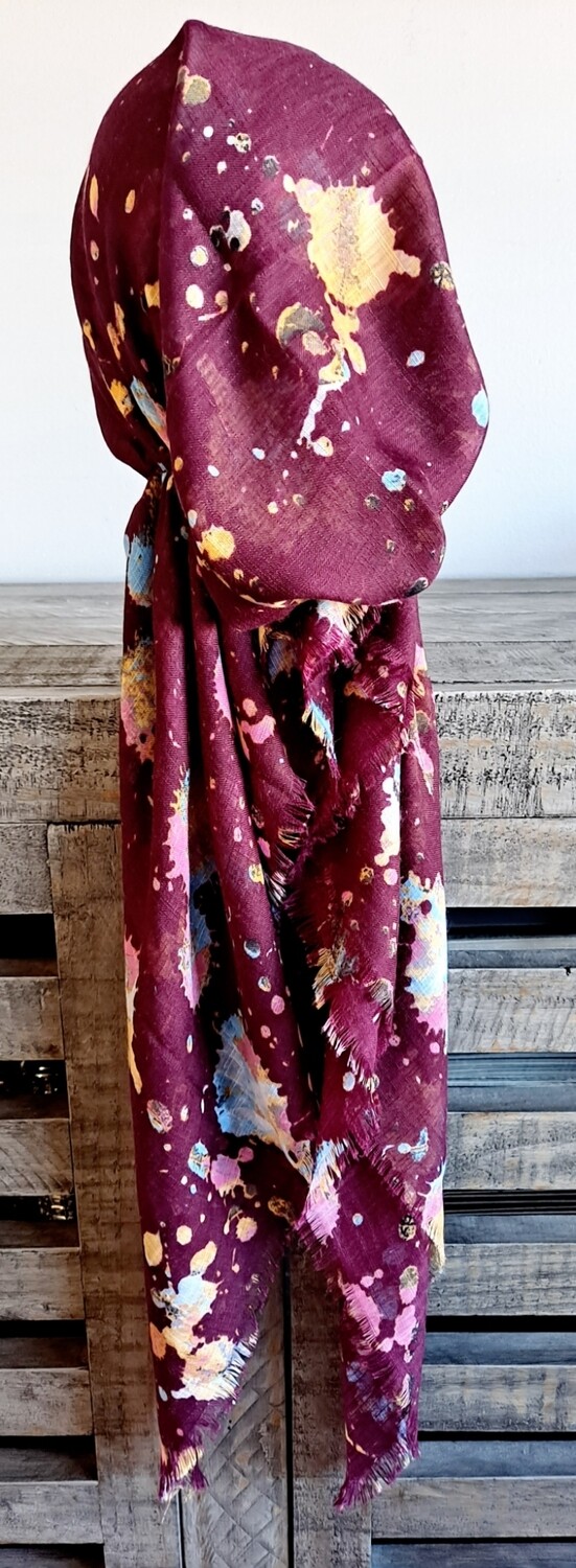 Deep wine splattered  - soft fringes pretied tichel