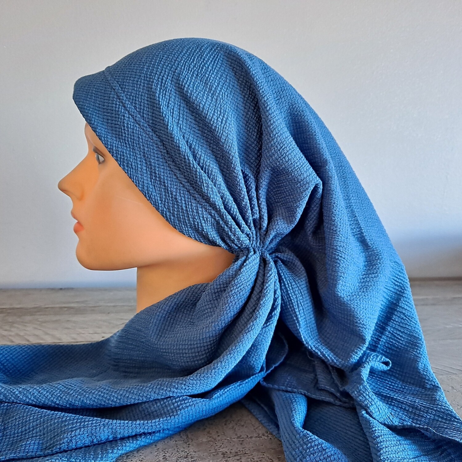 Teal solid soft gauzy - long back pre-tied kerchief w/band sewn in
