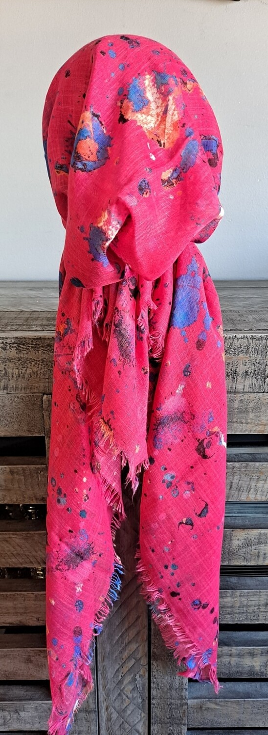 Deep pink splattered  - soft fringes pretied tichel w/band sewn in (BBS)