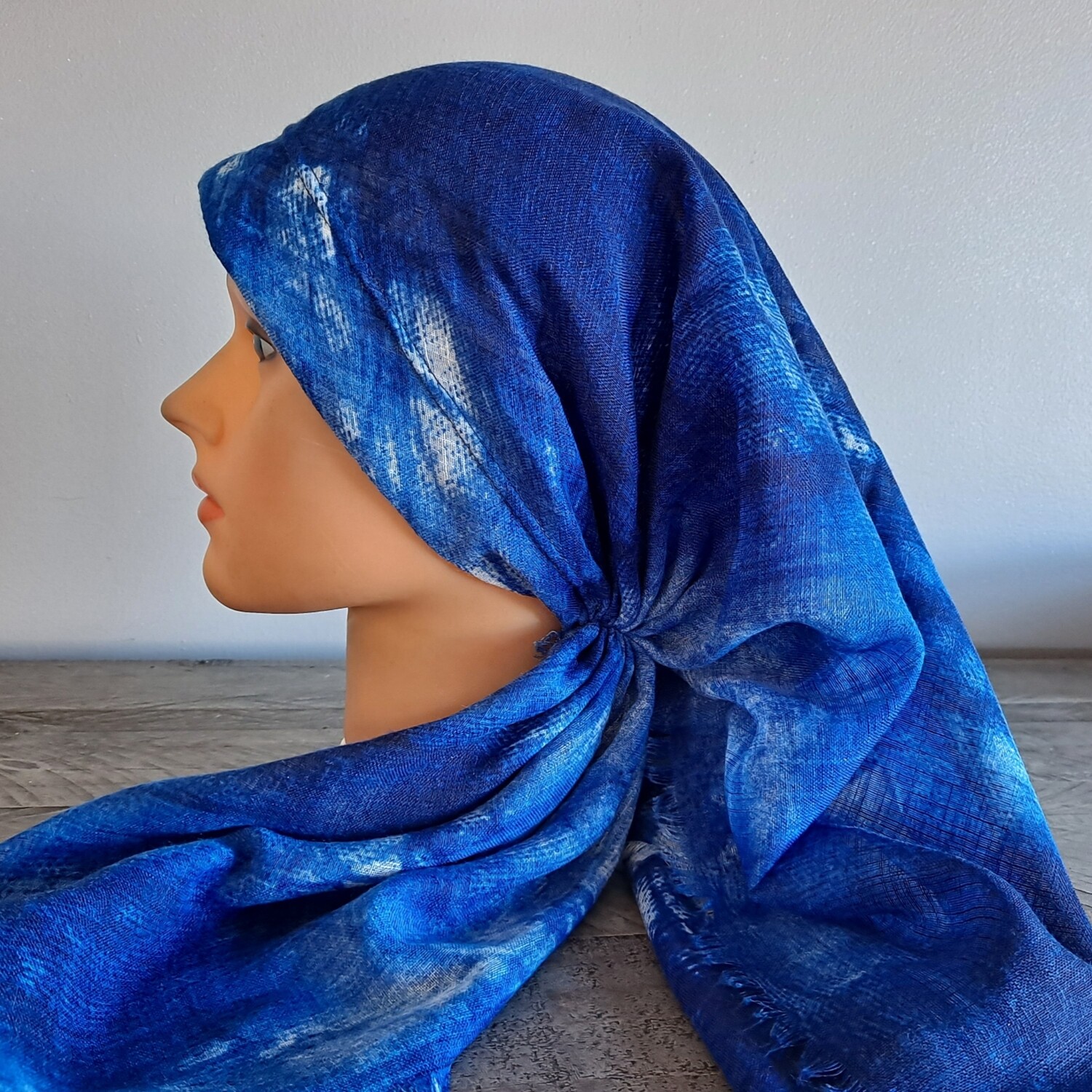 Blue tie dyed soft fringed - long back pre-tied kerchief w/band sewn in