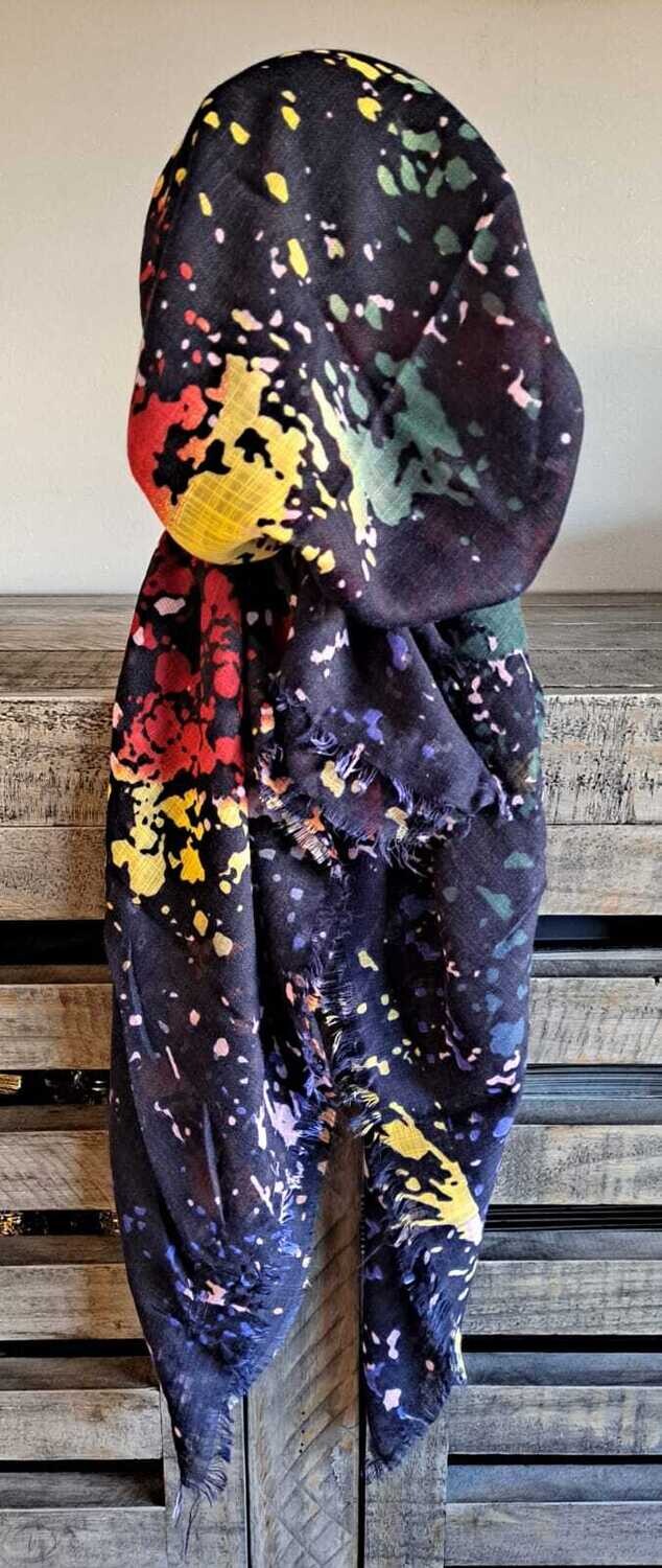 Navy with light green n' more splattered  - soft fringes pretied tichel w/band sewn in (BBS)