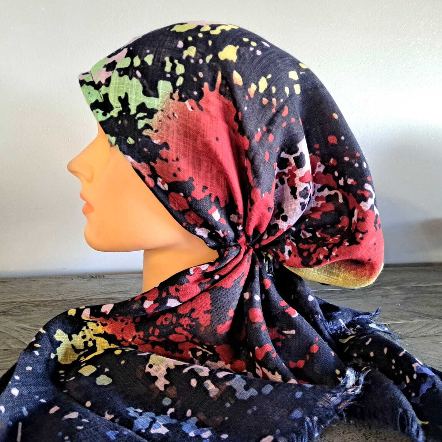 Navy with light green n&#39; more splattered  - soft fringes pretied tichel