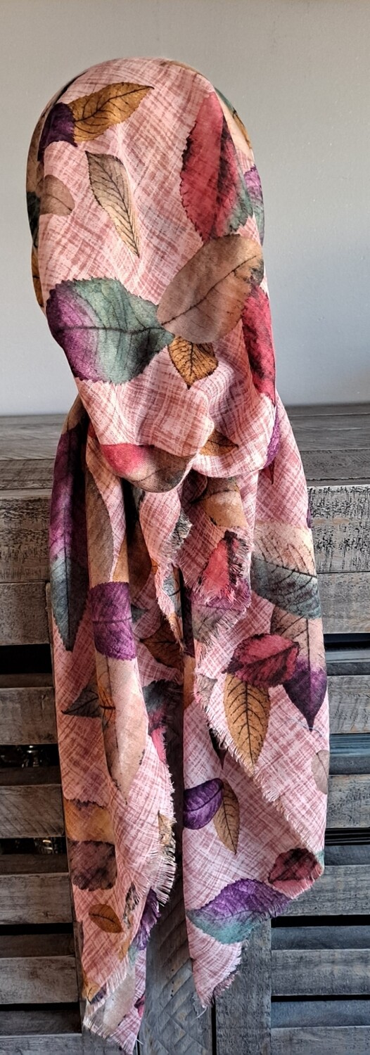 Pinkish/colorful leaves patterned - soft fringes pretied tichel