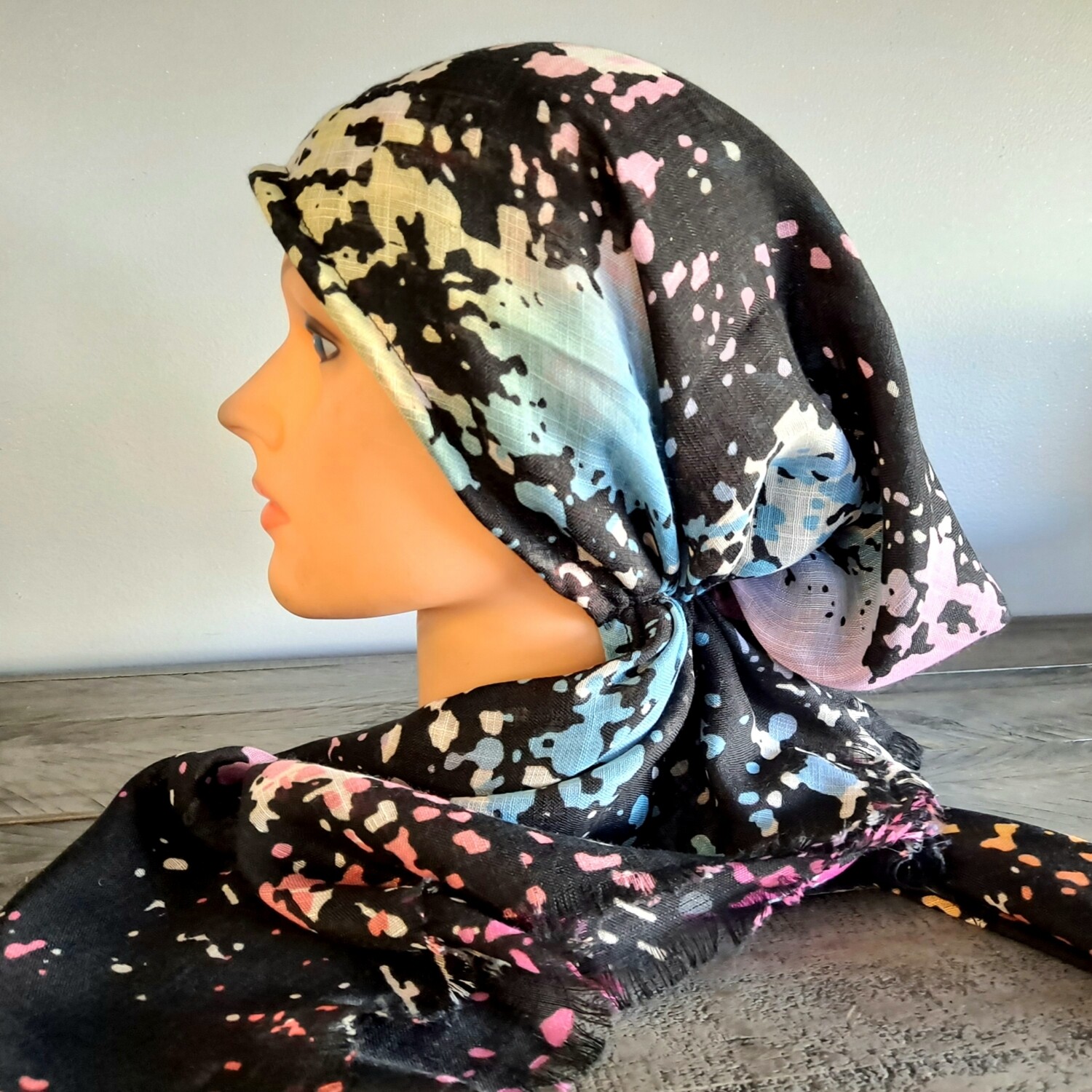 Black/light pink and more splattered  - soft fringes pretied tichel