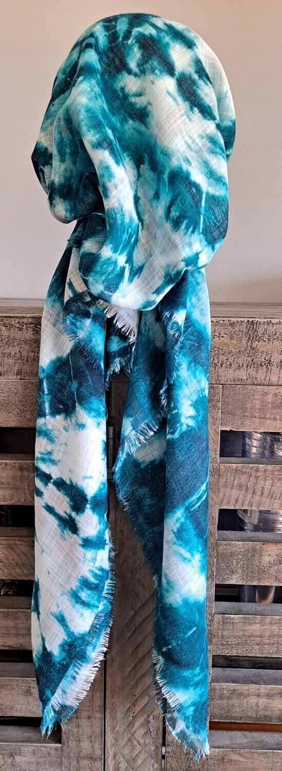 Sea green circular patterned tie dyed - soft fringes pretied tichel w/band sewn in (BBS)