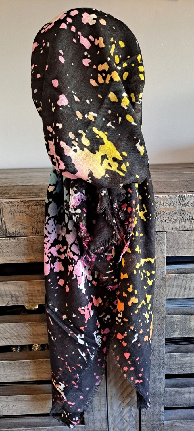Black/light pink and more splattered  - soft fringes pretied tichel