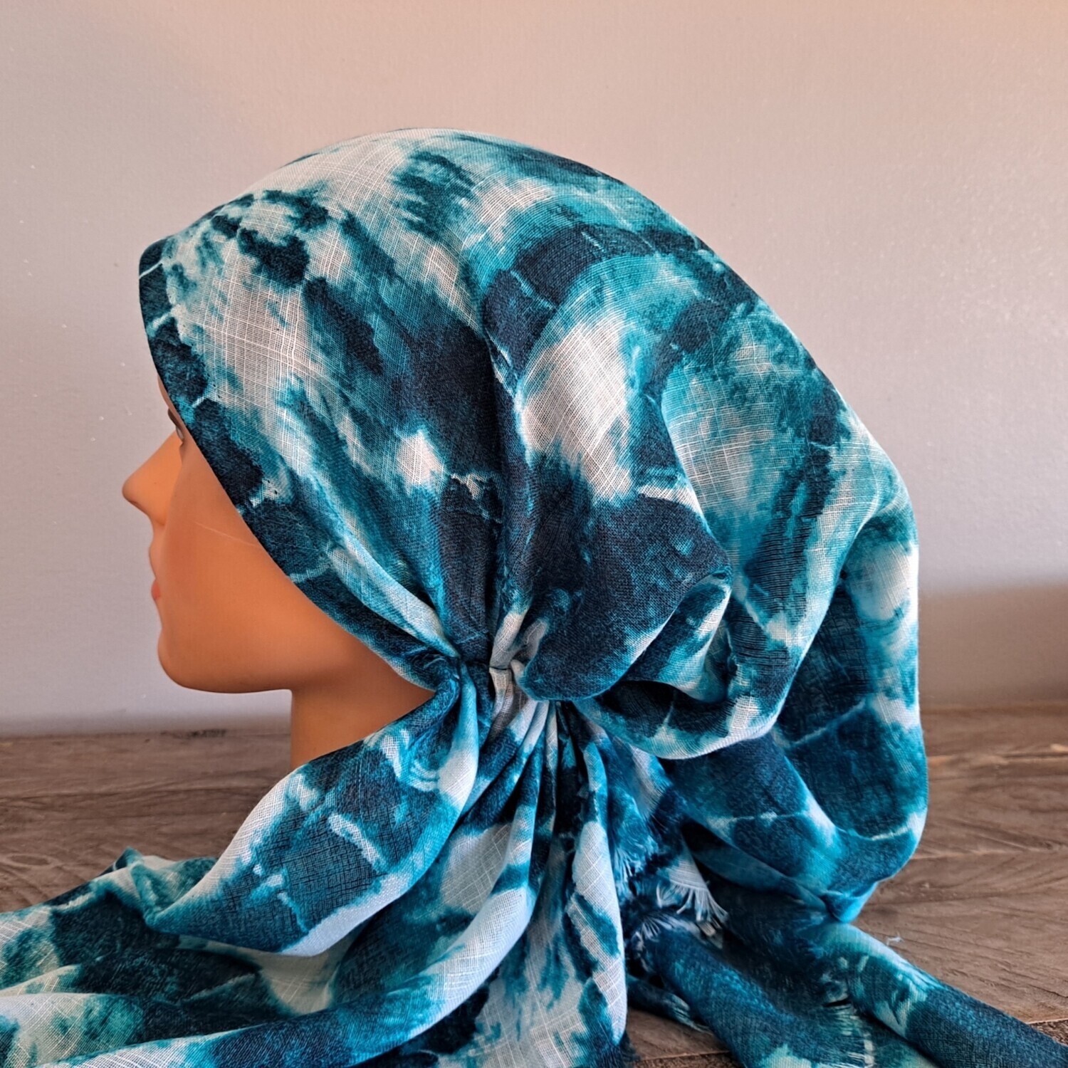 Sea green circular patterned tie dyed - soft fringes pretied tichel w/band sewn in (BBS)