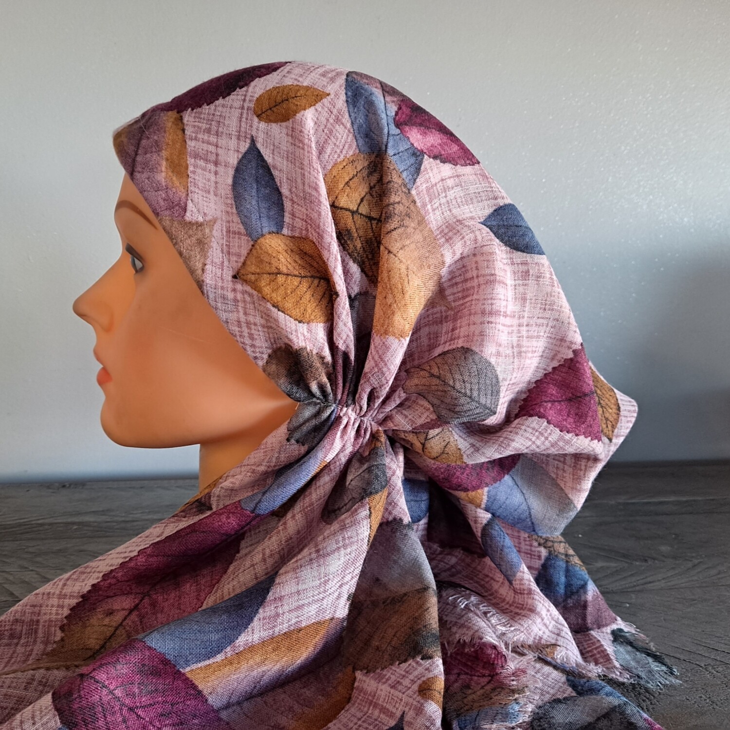 Lavender/colorful leaves patterned - soft fringes pretied tichel