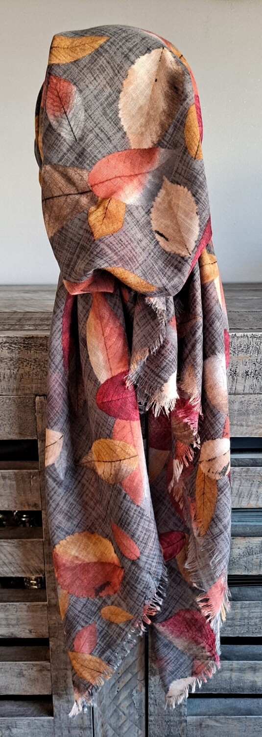 Gray/colorful leaves patterned - soft fringes pretied tichel