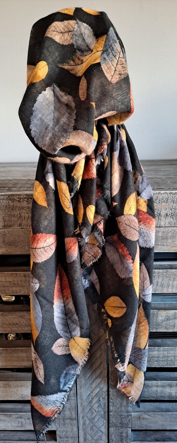 Black/colorful leaves patterned - soft fringes pretied tichel w/band sewn in (BBS)