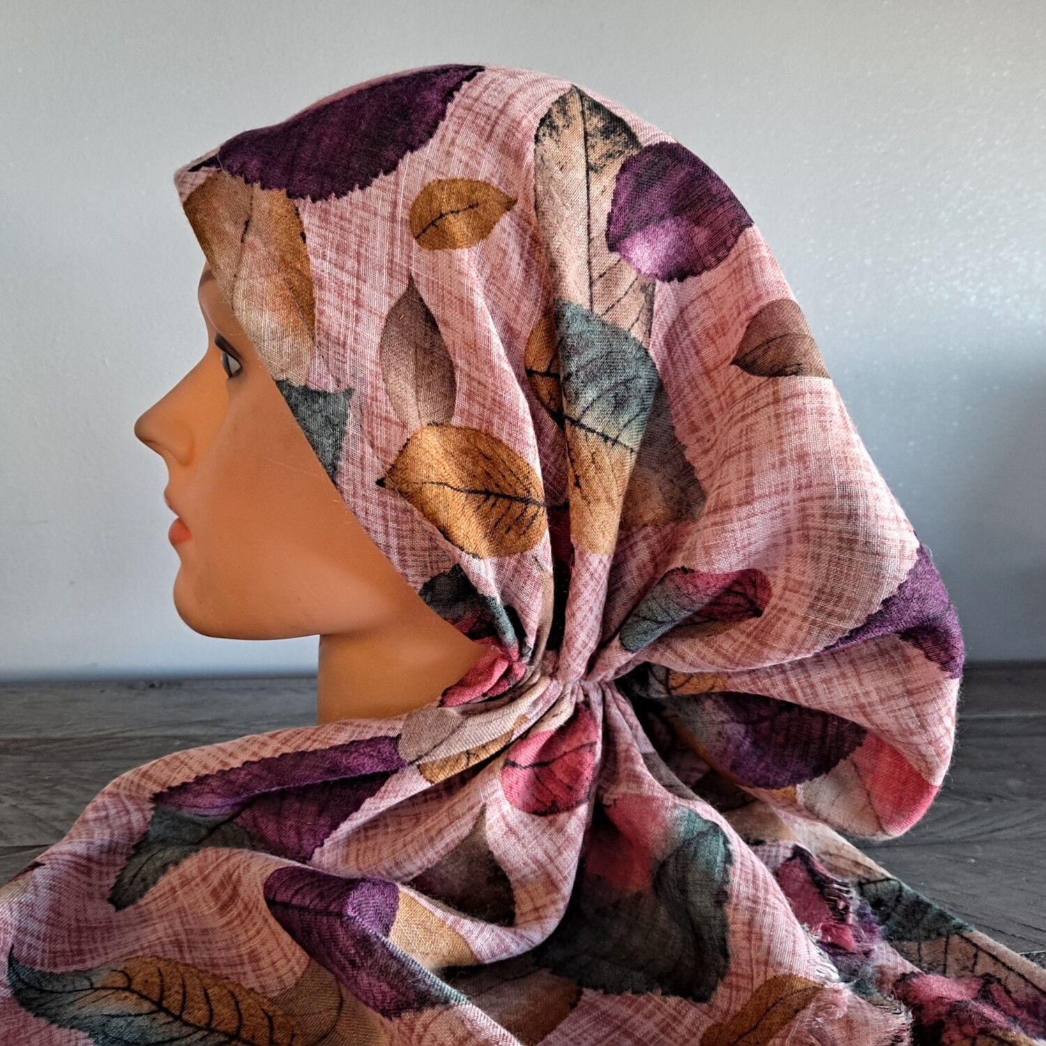 Pinkish/colorful leaves patterned - soft fringes pretied tichel w/band sewn in (BBS)